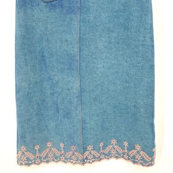 NWT Driftwood Serena Denim Maxi Skirt Sz 32 Blue Pink Eyelet Embroidered Slit‎ - Picture 11 of 14